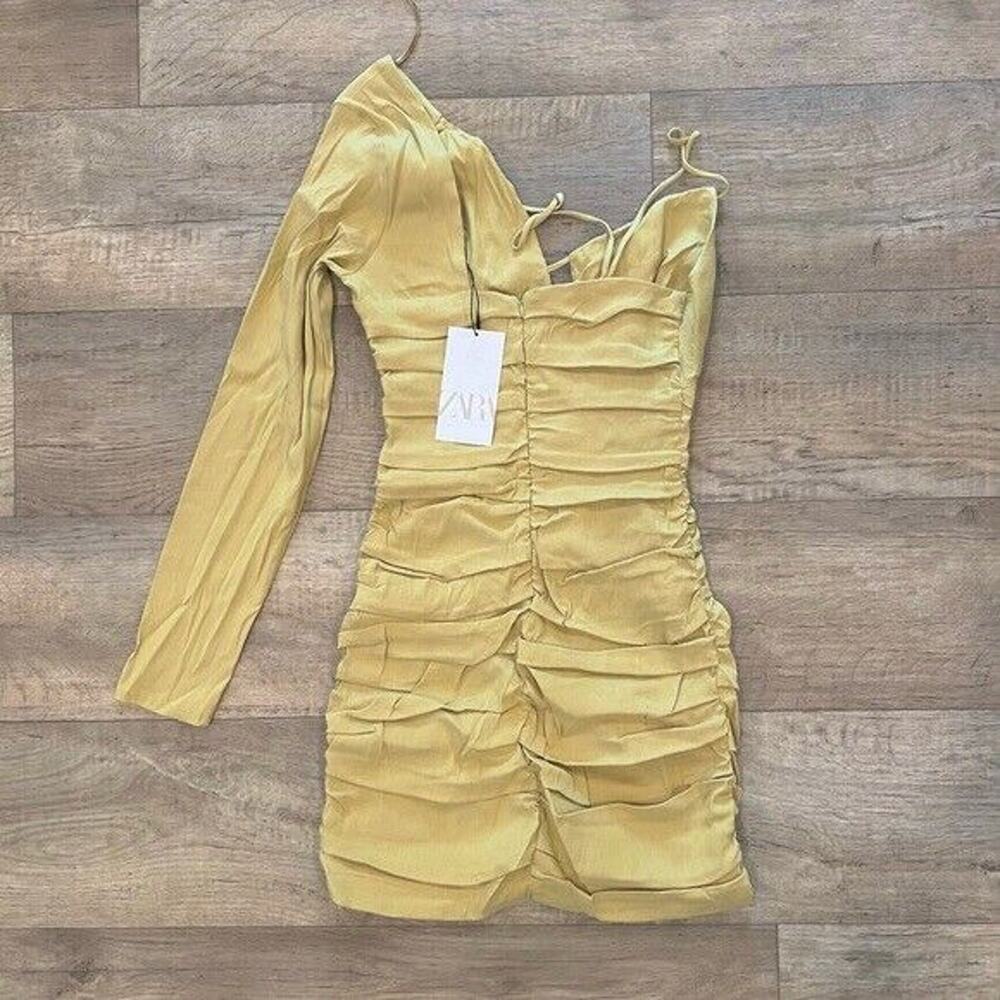 ZARA Linen Blend One Shoulder Mini Dress NWT Asymmetric Ruched Vacation Dress M - Picture 16 of 16